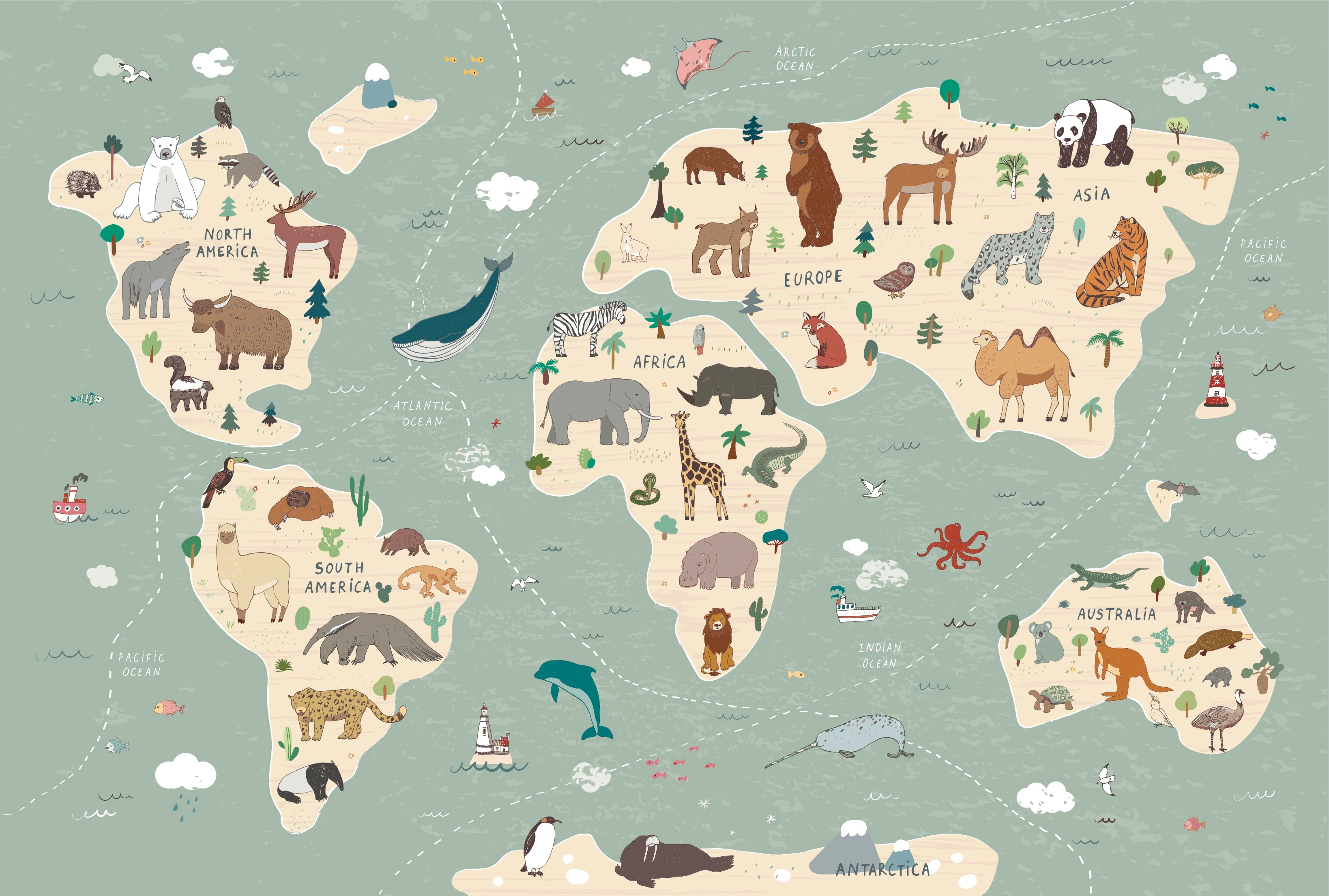 Plakat - Mapa świata / Drzewa i zwierzęta wodne