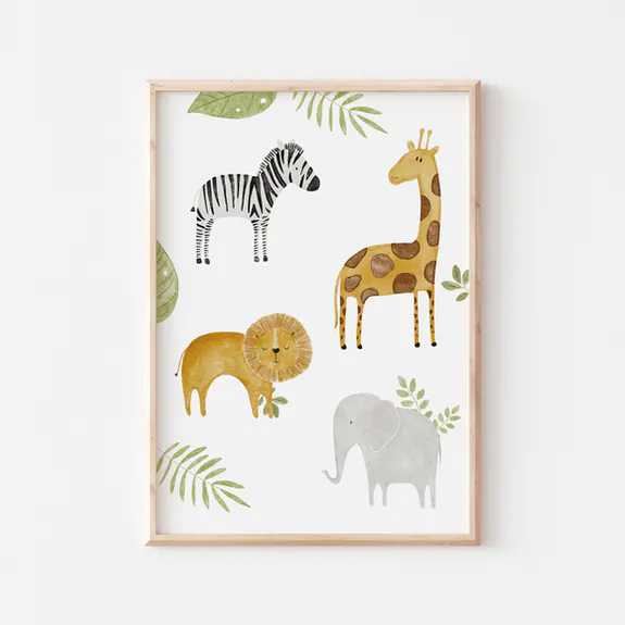 Plakat Safari / Zwierzęta z Liśćmi