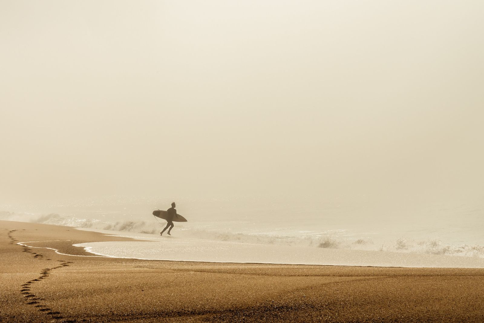 Plakat - Surfer na Mglistej Plaży